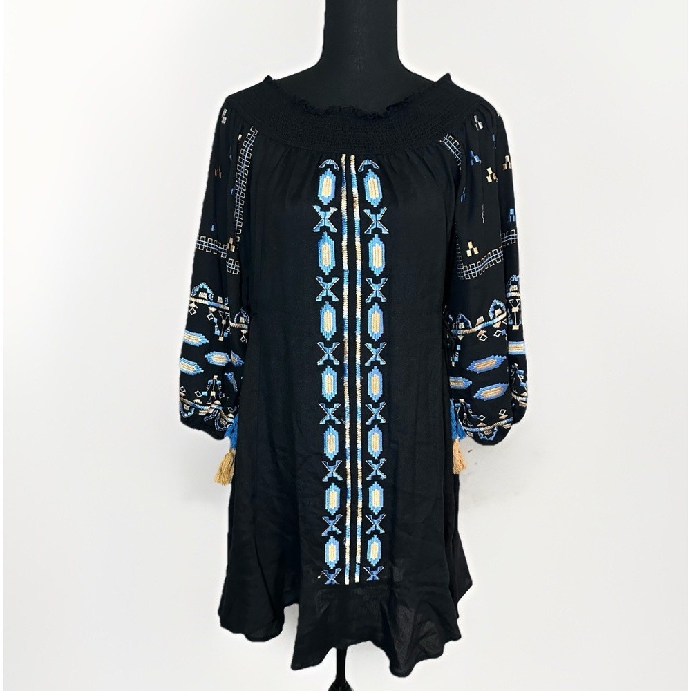 Ranna Gill Anthropologie Black Off Shoulder Embroidered‎ Peasant Boho Dress XS